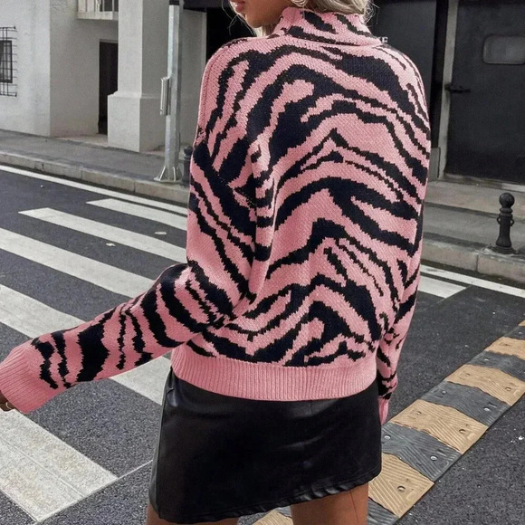 Multicolor Casual Women's Zebra Pattern Batwing Sleeve Pullover Sweater - Picture 2 of 7